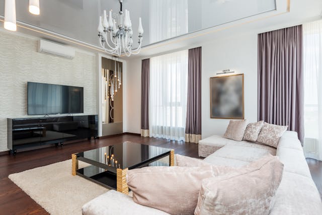 A living room with L-couch